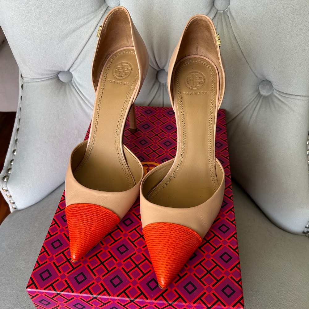 Tory Burch PENELOPE CAP-TOE D'ORSAY PUMP IN NATURAL VACHETTA/BRIGHT POMANDER 8.5